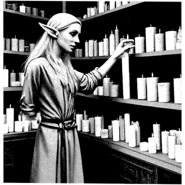 An elf with pointed ears and long flowing hair is standing in an old-fashioned candle shop. The elf is wearing a detailed tunic and has a curious expression on their face. They are surrounded by an array of candles in various shapes and sizes, each with intricate designs. The candles are arranged on wooden shelves that line the walls of the shop. The warm light from the candles flickers softly, casting shadows and creating a cozy atmosphere. The elf is reaching out to examine a tall, slender candle with swirls carved into its surface.