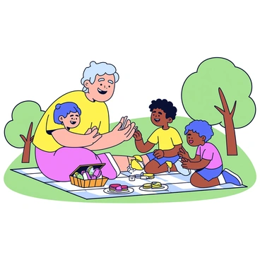 A joyful family enjoying a picnic in the park. The scene depicts a round parent with a big smile, sitting on a checkered blanket. There are two children, a boy and a girl, eagerly reaching for colorful fruits and sandwiches being shared by the parent. The background features green grass and a few trees. A picnic basket is open, displaying more food items. The children are wearing bright, cheerful clothing.