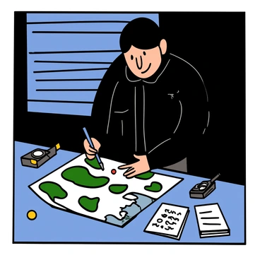 A secret agent with light skin and short black hair is standing at a table, intently studying several maps and documents spread out in front of him. He is wearing a black tactical jacket and dark pants. A focused expression is on his face as he points to a specific location on one of the maps with a pen. The table is cluttered with various tools, including a flashlight and a small notebook. The background is dimly lit, creating an atmosphere of secrecy and urgency.