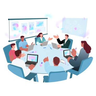 A virtual meeting room with a group of artists engaged in conversation. There are six artists, each seated at their own desk with their laptops open, showcasing vibrant digital art on their screens. One artist is gesturing animatedly, while another is taking notes on a notepad. The room is decorated with colorful art supplies, sketches hanging on the wall, and a large digital whiteboard displaying brainstorming ideas. Various art tools, such as paintbrushes and digital tablets, are scattered around the desks. The atmosphere conveys a sense of collaboration and creativity.