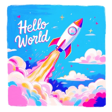 A rocket is soaring through a bright blue sky, leaving a trail of white smoke that forms whimsical words. The words in the sky are "Hello World" in an elegant cursive font. Fluffy white clouds are scattered throughout the background, adding a soft texture to the scene. The rocket has a sleek design with bold colors and a noticeable flame at its base. The overall atmosphere is lively and dynamic, capturing the joy of creativity in the open sky.