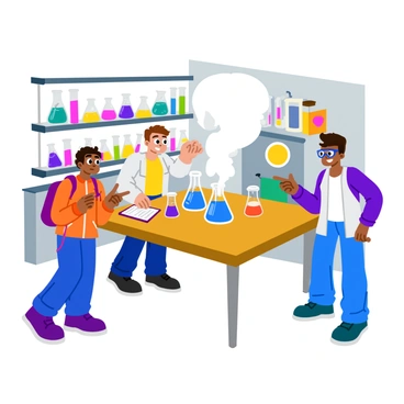 A group of three students stands around a lab table in a science lab, observing a colorful chemistry experiment. One student, wearing goggles and a lab coat, is carefully pouring a bright blue liquid from a beaker into another beaker filled with a clear solution, causing vibrant white smoke to billow out. Another student, leaning in closely, has wide eyes and a grin, while holding a clipboard with notes. The third student, wearing safety glasses, points excitedly at the reaction happening in the beakers. The background features shelves with various science equipment and colorful chemical bottles.