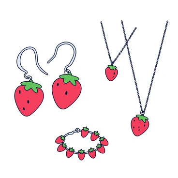A collection of elegant jewelry pieces inspired by "the shape of strawberries." The pieces include a pair of earrings shaped like strawberries, crafted in a glossy red enamel finish with tiny green leaves at the top. There is a matching pendant necklace featuring a strawberry-shaped charm that hangs from a delicate silver chain. Additionally, a bracelet showcases small strawberry charms interspersed with green gemstones, resembling strawberry leaves. Each piece is displayed on a simple white background to highlight their vibrant colors and intricate designs.
