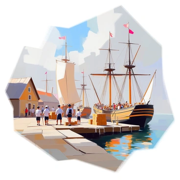 A bustling 18th-century dock scene featuring several wooden ships moored at the quay. The ships vary in size, showcasing intricate details of their rigging and sails. Dockworkers are actively unloading crates and barrels from the ships, while other sailors are tying ropes. In the background, there are tall masts rising above the docks, with flags fluttering in the wind. The waterfront is lined with warehouses made of weathered wood, and people in period-appropriate clothing are moving about, contributing to the lively atmosphere of the harbor. The ocean waves gently lap against the hulls of the ships.