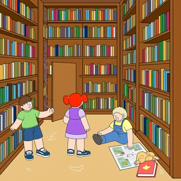 A group of three cartoon kids is exploring a large, mysterious library filled with towering shelves stacked high with colorful books. The first child, a boy with messy brown hair and wearing a green t-shirt and blue shorts, stands on his tiptoes, reaching for a dusty old book that glows faintly. The second child, a girl with bright red pigtails dressed in a purple dress, is peeking behind a tall shelf, her eyes wide with excitement as she spots a hidden door. The third child, a girl with curly blonde hair, is sitting on the floor examining a map with strange symbols, wearing a yellow shirt and denim overalls. The library has warm, inviting lighting, and there are cobwebs in the corners, adding to the sense of mystery. A few colorful, quirky characters, like a wise old owl and playful animated book characters, can be seen watching the kids as they uncover secrets.
