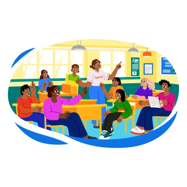 A vibrant illustration depicting a diverse classroom filled with students of various ethnicities sitting together. The classroom features colorful desks and educational posters on the walls, highlighting themes of inclusion and equality. In the front of the room, a teacher, who appears enthusiastic and engaged, points to a poster that reads, "Equal Education for All." The students are actively participating, raising their hands, and collaborating on a group project, showcasing a sense of community and teamwork. Sunlight streams through large windows, illuminating the scene and creating a warm, inviting atmosphere.