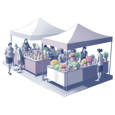 A bustling farmers market filled with activity. There are multiple stalls, each adorned with colorful displays of flowers, including vibrant bouquets and potted plants. Some stalls feature an array of homemade goods such as jars of preserves, hand-packed baked goods, and artisanal crafts. People are walking around, engaging with the vendors, and chatting with each other. The atmosphere is lively, with shoppers admiring the fresh produce and carefully selecting their items. The ground is covered with a textured surface, indicating a busy outdoor market space.