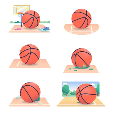 A basketball is placed on a wooden gym floor. In the first image, the basketball is fully inflated, retaining its vibrant orange color with distinct black lines. In the second image, the basketball is slightly deflated, appearing a bit squished with a loss of glossy sheen. The background shows a basketball hoop with a bright net. In the third image, the basketball is noticeably flatter, resting on the floor with a more subdued hue, surrounded by a few colorful sneakers. The fourth image features the basketball in a park setting, further deflated, with grass beneath it and a faint imprint where it has settled. Lastly, in the fifth image, the basketball is nearly flat, lying on its side against a backdrop of an outdoor court, with scattered leaves around it.