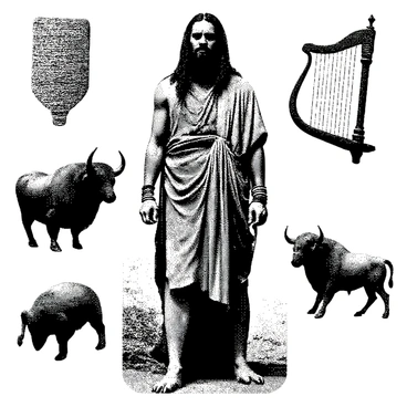 Gilgamesh mourning the loss of Enkidu, surrounded by symbols of their friendship.