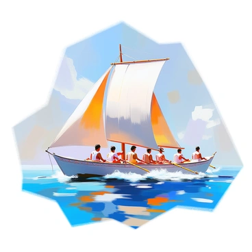 An ancient Greek trireme sails swiftly across a vibrant blue sea, its long hull cutting through the waves. The ship features three rows of oars, with rowers of varying skin tones each rhythmically propelling the vessel forward. The trireme's ornate decorations can be seen along the bow, and sails billow in the gentle breeze above. The water glistens under the sunlight, creating a sparkling contrast to the deep blue of the sea. In the background, a clear sky stretches endlessly, enhancing the sense of adventure.