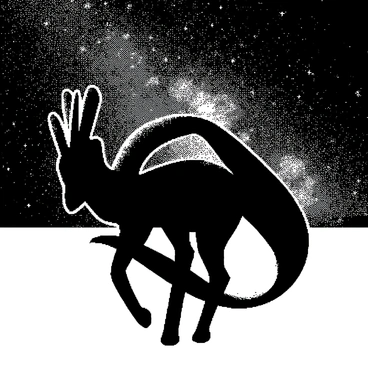 A Greninja is positioned in a dynamic pose, outlined sharply against the night sky. The creature's form is distinctly visible, with its limbs outstretched and its signature scarf flowing behind it. Above, the vast expanse of the night sky is filled with countless stars, creating a luminous backdrop. The Milky Way stretches across the scene, with its dense cluster of stars forming a bright band. The Greninja's silhouette contrasts starkly against this starry canvas, emphasizing its sleek shape and unique features.