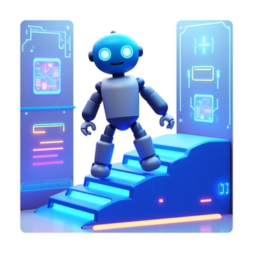 A friendly robot with a smooth metallic surface and expressive digital eyes is stepping up a futuristic staircase. The staircase features sleek, illuminated steps that glow in vibrant colors. The background includes advanced technology elements such as holographic displays and circuit patterns. The robot is designed with rounded edges, giving it a non-threatening appearance, and its limbs are articulated, allowing for smooth movement. The overall atmosphere is filled with high-tech gadgets and a sense of innovation.