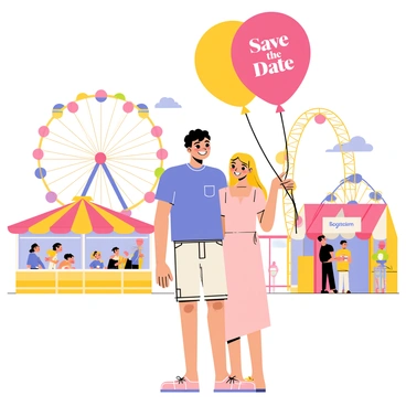 A couple standing together at an amusement park, smiling and holding a large, colorful balloon that reads "Save the Date." The couple features a man with short brown hair wearing a blue t-shirt and khaki shorts, and a woman with long blonde hair dressed in a light pink sundress. In the background, there are vibrant amusement rides, including a Ferris wheel and roller coasters, filled with excited people. Brightly colored stalls selling cotton candy and popcorn can be seen nearby, adding to the festive atmosphere.