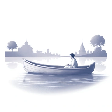 A small wooden boat is gently floating on the surface of the Ganges River. The boat has a simple design with smooth, weathered wood and a pointed bow. In the boat, there is a lone passenger seated comfortably, who is wearing traditional attire. The passenger is gazing thoughtfully at the water, with ripples gently lapping against the sides of the boat. Surrounding the scene, the riverbank is lined with lush trees and distant silhouettes of temples, adding depth to the tranquil atmosphere. The sky above is clear, allowing a soft light to reflect off the water’s surface.