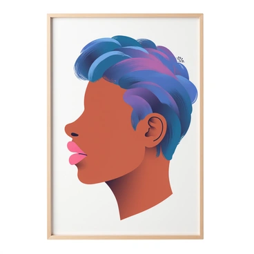 A canvas displays a painted side profile of a person with medium skin tone. The profile features a high contrast of warm and cool colors, with vibrant brush strokes creating a dynamic texture. The person's hair is depicted in a swirling pattern, using rich shades of blue and purple that contrast against the lighter background. The face has expressive features, captured with bold lines and highlights that emphasize the cheekbone and jawline. The canvas is framed in a simple wooden frame, adding to the overall presentation of the artwork.