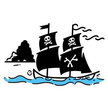 A pirate ship with large black sails, featuring a skull and crossbones emblem, is navigating through turbulent waves. The ship is leaning to one side as it battles against the choppy sea, with water splashing over the sides. Dark, ominous clouds fill the sky, creating a sense of impending rain. In the distance, a rugged island silhouette is visible, partially obscured by the stormy weather.