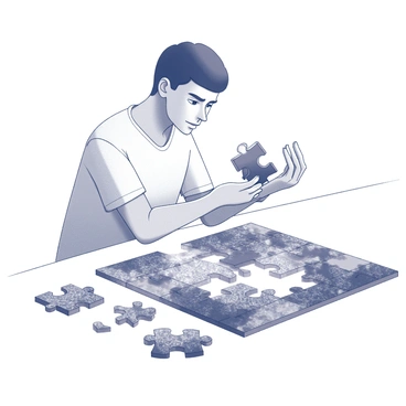 A person sitting at a table, focused on assembling a large jigsaw puzzle. The puzzle pieces are scattered around, with some pieces in their hand, while others are partially connected on the table. Each puzzle piece has intricate designs that symbolize various anxious thoughts, such as swirling patterns, chaotic lines, and fragmented shapes. The person's brow is furrowed in concentration, and their body language conveys a sense of determination mixed with unease. There are a few completed sections of the puzzle, reflecting moments of clarity amidst the chaos.
