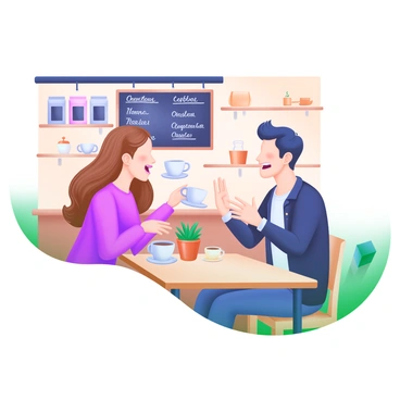A cozy coffee shop scene featuring two friends engaged in an animated conversation. One friend, a woman with long brown hair, is sitting at a wooden table, leaning forward with an enthusiastic expression. The other friend, a man with short black hair, is seated across from her, gesturing with his hands as he speaks. Surrounding them are various coffee cups, a small potted plant, and a warm, inviting decor. The background shows a chalkboard menu with handwritten specials and shelves lined with coffee bags. Soft lighting enhances the inviting atmosphere of the coffee shop.