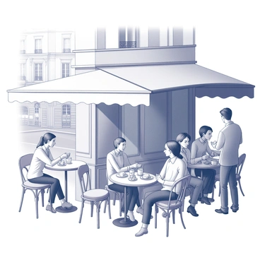 A street café in Paris is depicted with several small round tables and elegant chairs. People are seated at the tables, engaged in conversations. Some diners are enjoying pastries, with plates displaying croissants and éclairs, while others have cups of coffee in hand. The café has a classic awning that provides shade, and a waiter is seen serving a table in the foreground. The backdrop features a hint of historic architecture, with ornate buildings lining the street.