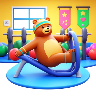 A cartoon bear with a cheerful expression is using a leg curl machine. The bear has a light brown fur coat and is wearing a colorful headband and wristbands. The gym is filled with bright colors, featuring various whimsical exercise equipment. There are oversized weights and playful banners hanging on the walls. The lighting in the gym is bright and inviting, making the scene lively. The bear is focused on the exercise, showing determination and enjoyment in its workout.