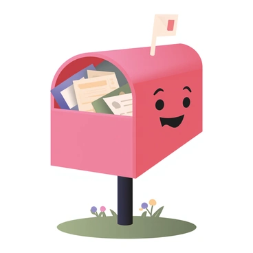 A digital flat illustration featuring a cheerful mailbox with a wide smile. The mailbox is red with a white flag up, displaying an inviting expression. Inside the mailbox, there are several bills and letters neatly organized, with some peeking out. The bills are in various colors, including blue, yellow, and green, creating a vibrant contrast against the red mailbox. The background is a simple grassy field with a few small flowers, enhancing the playful feel of the scene.