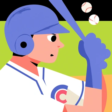 A close-up of a batter with focused eyes and furrowed brows, showcasing intense concentration just before swinging at an incoming pitch. The batter is wearing a blue helmet and a white jersey with a team logo on the chest. The grip on the bat is firm and determined. In the background, a blurred image of a baseball pitch is approaching, establishing a sense of urgency. The scene captures the tension in the moment, with the bright lights of the stadium illuminating the battleground.