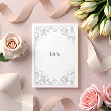 A beautifully designed event invitation card featuring an elegant layout with intricate floral patterns and a sophisticated font for the text. The card is placed on a soft, textured surface, surrounded by decorative elements such as delicate satin ribbons in pastel colors and an arrangement of fresh flowers including roses and lilies. The composition showcases the invitation prominently in the center, with the ribbons elegantly draping around it and the flowers positioned artfully to enhance the overall aesthetic.