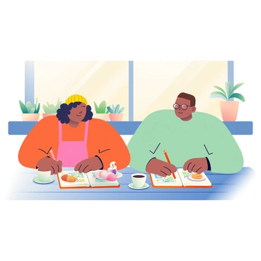 Two illustrators with diverse features are seated at a rustic wooden table in a cozy Huddersfield café. One illustrator has curly black hair and is wearing a yellow beanie, while the other has short brown hair and is wearing round glasses. Both have sketchbooks open in front of them, pages filled with colorful drawings. A steaming cup of coffee sits next to each sketchbook, with a small plate of pastries in the center of the table. The café is warmly lit, with soft textures and wooden accents, and a variety of potted plants are placed along the windowsill. The atmosphere is inviting and creative, perfect for a coffee break.