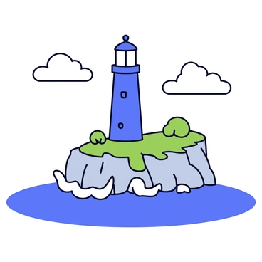 A blue lighthouse standing tall on a rocky cliff. The lighthouse has a cylindrical shape with a bright white top. Below, waves crash against the jagged rocks, creating white foam. The sky above is clear with a few fluffy clouds, emphasizing the lighthouse's prominence. The cliff has patches of green grass and small shrubs growing between the rocks.