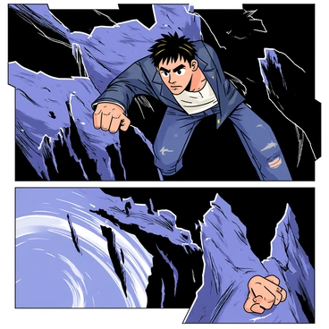 A comic panel depicting a character with tousled hair and a look of determination on their face, gripping a rocky ledge with one hand. The character wears a dark jacket and jeans, showcasing a sense of urgency. Below, a deep abyss is visible, with jagged rocks and a swirling mist, enhancing the suspense. The background is filled with dark, ominous clouds, creating a dramatic atmosphere. The panel has bold outlines and shadowing to emphasize the tension of the moment, concluding with a cliffhanger that leaves the viewer questioning the character's fate.