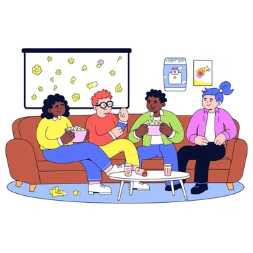 A group of four friends is sitting on a cozy brown couch with soft cushions. They are engaged in watching a movie on a wall-mounted screen. One friend is holding a large bowl of popcorn, with some popcorn scattered on the couch. The friends are diverse in appearance, with one wearing glasses and another with curly hair. They are all wearing casual clothing, and various drink cups are placed on a small table in front of them. The room has a warm ambiance, with dim lighting and a few movie posters on the walls.