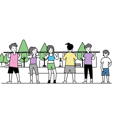 A group of five participants performing pull-ups on a sturdy horizontal bar in a public square. Each participant displays different athletic attire; one man is wearing a red tank top and black shorts, while a woman beside him is dressed in a blue sports bra and gray leggings. Another man, wearing a yellow shirt and green shorts, is actively engaged in his pull-up. To the right, a woman in a purple tank top and black capris is also working out, while the final participant, a man in a white t-shirt and navy shorts, waits his turn. Surrounding the square are trees and benches, and there are a few onlookers watching them from a distance.