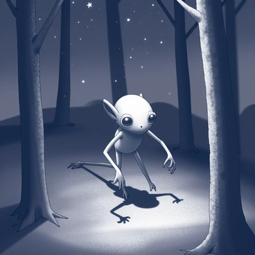 A creature with thin, wiry limbs and large, bulging eyes is moving quietly through a dark forest. The scene is illuminated by faint starlight, casting soft shadows on the ground. The creature's skin appears pale and textured, reflecting the dim light as it navigates between the trees. Its expression is focused, and its posture is low to the ground, demonstrating stealth. Surrounding trees are silhouetted against the night sky, creating a sense of depth in the forest environment.