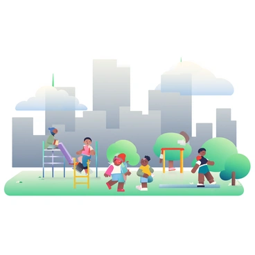 A city park is visible in the foreground, with green grass and a few scattered trees. In the center, several children are playing on a playground equipped with colorful swings and slides. The children, of diverse backgrounds, are laughing and running around. In the background, tall buildings dominate the skyline, their facades partially obscured by a thick cloud of smog and pollution. The sky is a muted gray, and the air appears hazy, indicating the presence of urban pollution.