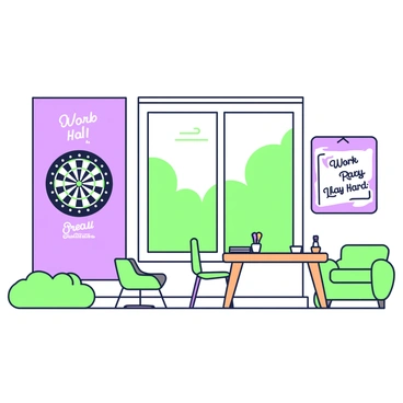 An office space features a designated break area with a dartboard mounted on the wall. There is a wooden table nearby, with a few colorful dart sets neatly arranged. Comfortable seating is present, including a couple of green chairs and a small couch in the corner. A large window allows natural light to fill the room, enhancing the relaxed atmosphere. On the opposite wall, there is a bulletin board adorned with employee achievements and motivational quotes, with one quote saying "Work Hard, Play Hard." The overall setup encourages creativity and collaboration among employees.