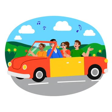 A group of four friends sitting in a colorful car, smiling and singing along to music. The driver has short hair and is wearing sunglasses, while the passengers are animatedly singing with excitement. The car is filled with musical notes illustrated around them, emphasizing their joyful energy. Outside the car window, a scenic landscape is visible, featuring rolling green hills under a bright blue sky with fluffy white clouds. Vibrant flowers and trees line the roadside, adding to the cheerful atmosphere of the road trip.