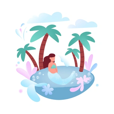 A whimsical mermaid with a shimmering tail is exploring a floating island. The mermaid's tail features vibrant scales that catch the light as she swims near the surface. The island is adorned with several tall palm trees swaying gently in the breeze. Colorful flowers of various shapes and sizes bloom around the base of the trees, creating a vivid and lively landscape. The sky above is filled with soft pastel clouds, adding to the dreamlike atmosphere of the scene.