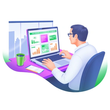 A modern pastel illustration depicting an asset manager seated at a desk, intently reviewing a dashboard of private equity investments on a laptop. The laptop screen displays clearly visible colorful charts, graphs, and investment performance indicators. The asset manager is a middle-aged individual, with short dark hair and glasses, wearing a professional attire. Surrounding the desk are items such as a notepad, a pen, and a coffee cup. A window in the background shows a view of a cityscape, adding depth to the scene.