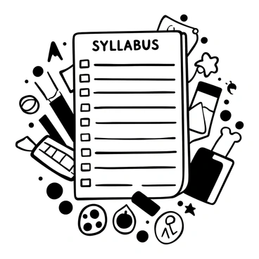 A detailed "syllabus" displayed prominently at the center of the image. Surrounding the syllabus are various elements representing different subjects. A collection of geometric shapes and numbers is arranged on one side to symbolize "math." On another side, there are laboratory equipment such as beakers and test tubes symbolizing "science." Additionally, art supplies like paintbrushes and a palette are scattered on the other side, representing "art." Each subject's elements intertwine, creating a cohesive composition around the syllabus.