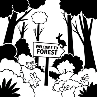 A dense forest filled with tall trees and thick underbrush. Various animals are present: a deer grazing peacefully, a rabbit hopping through the bushes, and a squirrel climbing a tree trunk. Sunlight filters through the leaves, creating dappled shadows on the forest floor. "Welcome to the Forest" is written on a wooden signpost at the center of the scene.