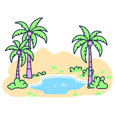 A desert oasis features a clear blue pond at its center, reflecting the sunlight. Surrounding the pond, there are tall palm trees with long, arching fronds that provide shade. The sandy ground is dotted with patches of green vegetation, adding contrast to the landscape. In the background, distant sand dunes rise gently against the horizon, completing the serene desert scene. The sky above is clear, allowing sunlight to illuminate the oasis beautifully.