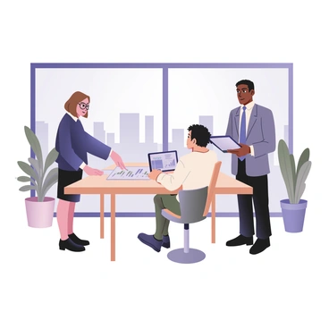 A digital flat illustration featuring two financial advisors standing beside a table. The first advisor, on the left, is a woman with light skin and shoulder-length brown hair, wearing a navy blue blazer and glasses. She is pointing to a chart on the table that shows an upward trend. The second advisor, on the right, is a man with dark skin and short black hair, wearing a gray suit and a blue tie. He is holding a tablet displaying data related to the IPO investment portfolio. In front of them, seated at the table, is a client with medium skin and short curly hair, wearing a white shirt and looking attentively at the advisors. The background includes a large window with a view of a city skyline and a potted plant in the corner.
