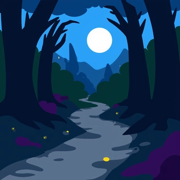 A gnarly pathway through spooky woods under a full moon
