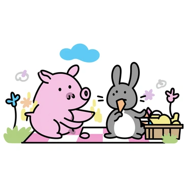 A pig, with a round pink body and short legs, is sitting on a red and white checkered blanket. Next to the pig, a rabbit with soft gray fur and long ears is sitting. They are surrounded by a variety of colorful wildflowers in the meadow. The picnic basket beside them is filled with fruits and sandwiches. The pig is holding a slice of watermelon, while the rabbit is nibbling on a carrot. A clear blue sky is visible above them.