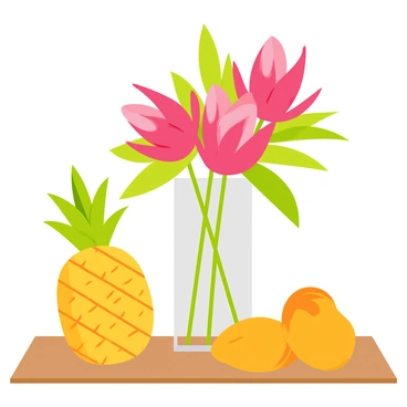 A still life composition featuring vibrant pink protea flowers with thick green leaves arranged in a clear glass vase. Surrounding the vase are tropical fruits, including a ripe yellow pineapple with its spiky green crown and several bright orange mangoes with a smooth skin. The scene is set on a wooden table, with soft shadows cast by the natural light above. The contrasting colors of the flowers and fruits enhance the visual interest of the arrangement.