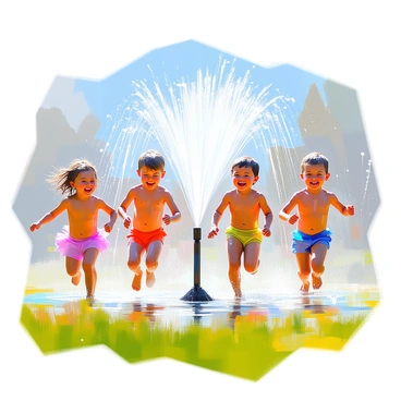 A group of children with various skin tones and hairstyles are running joyfully through a sprinkler on a sunny day. Their bare feet splash in the water as droplets shimmer in the sunlight. The scene captures their laughter and happiness, with some children wearing brightly colored swimsuits. Green grass surrounds them, and a clear blue sky forms the backdrop, enhancing the cheerful atmosphere of the summer day.