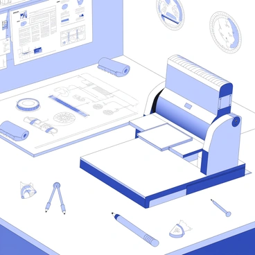 Blueprints of an innovative printing device spread across a drafting table