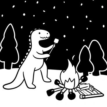A dinosaur with scaly skin and a long tail is standing on two legs beside a campfire, carefully roasting marshmallows on a stick held in one hand. The campfire emits flames and glowing embers, casting light on the dinosaur's body. In the background, the night sky is filled with numerous stars, providing a sparkling contrast to the dark atmosphere. A few trees are silhouetted against the sky, framing the scene. There are several marshmallow bags and a picnic blanket spread out on the ground nearby.