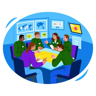 A group of military advisors huddles together, their faces illuminated by the soft glow of a map displayed on the table in front of them. Each advisor wears a military uniform with insignias, and they are engaged in deep discussion. One advisor points to a specific location on the map, while another takes notes on a clipboard. The command center is filled with various screens and tactical equipment, casting shadows around the room. The atmosphere is tense yet focused, as the advisors exchange ideas and strategies.