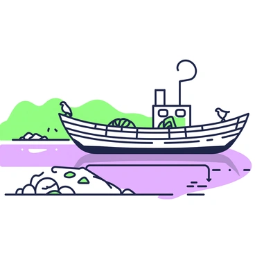 A traditional wooden fishing boat is anchored in a calm bay. The boat features a weathered wooden hull with ropes coiled neatly on the deck. It has a small cabin at the back, with a chimney emitting a faint trail of smoke. The water surrounding the boat is still, reflecting the vessel's shape. In the foreground, there are small pebbles lining the shore, while a few sea birds can be seen perched on the boat’s edges. In the background, gentle hills rise, partially covered with lush greenery.